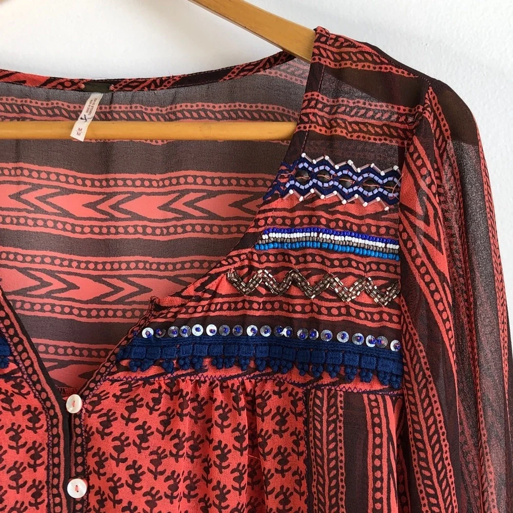 Free People Boho Red Patterned Peasant Tunic Top